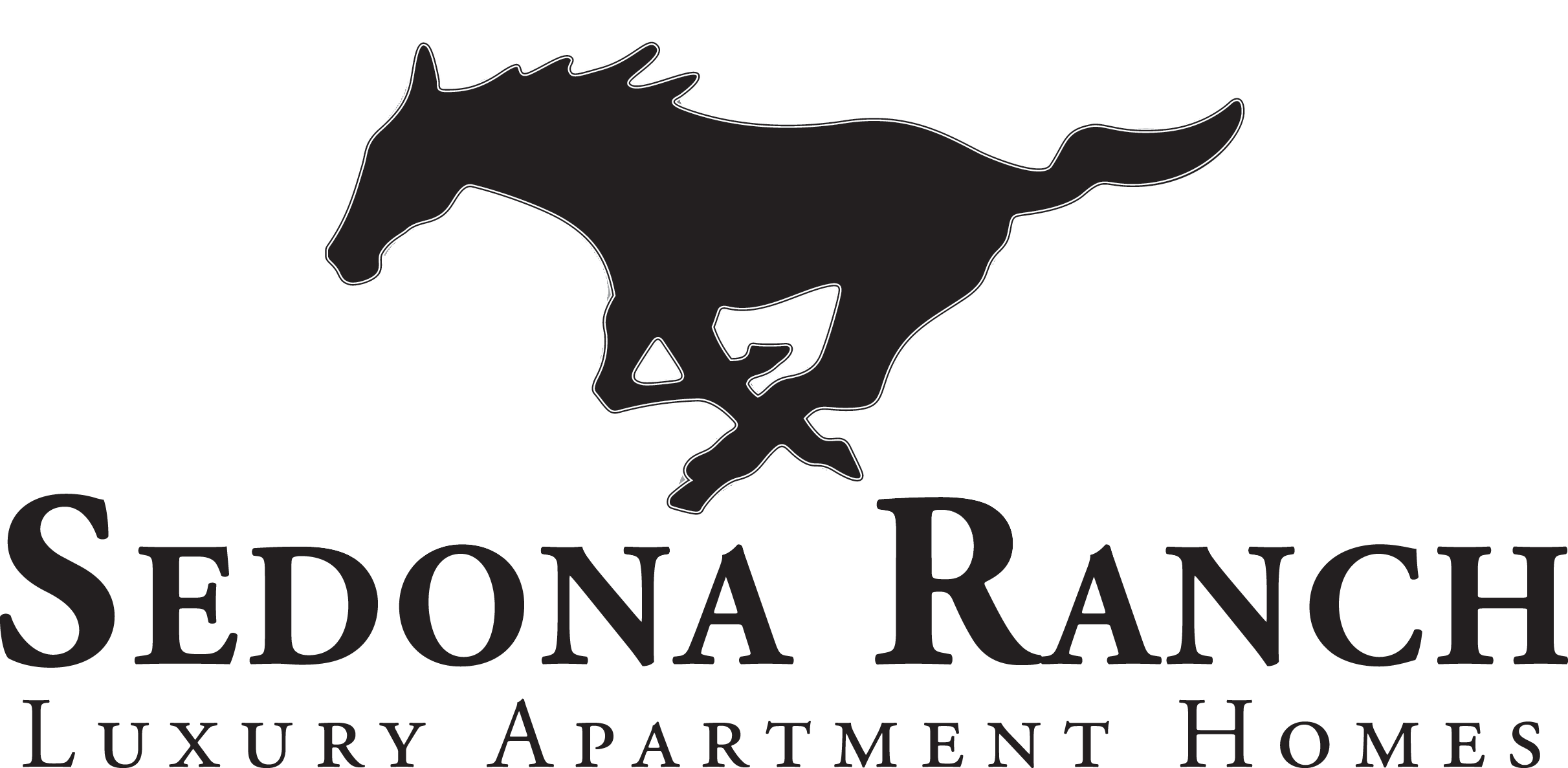 A logo for Sedona Ranch Luxury Apartment Homes featuring a silhouette of a horse.